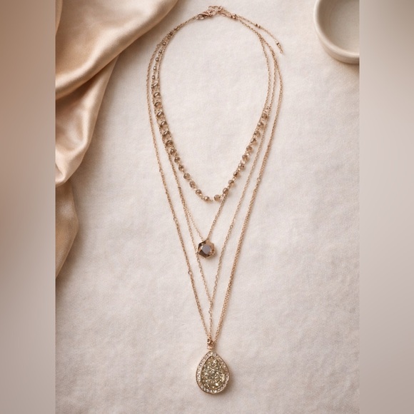 Lane Bryant Jewelry - Lane Bryant Layered Druzy Teardrop Necklace – Rose Gold Tone